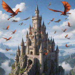 A majestic castle suspended in the sky, surrounded by soaring dragons and assorted flying planes.