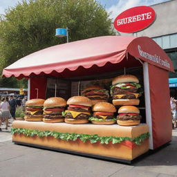 A comical food festival stand adorned with oversized, vibrant burgers creating an amusing appearance.