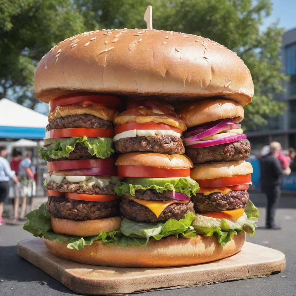 A comical food festival stand adorned with oversized, vibrant burgers creating an amusing appearance.