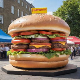 A comical food festival stand adorned with oversized, vibrant burgers creating an amusing appearance.