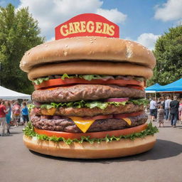 A comical food festival stand adorned with oversized, vibrant burgers creating an amusing appearance.