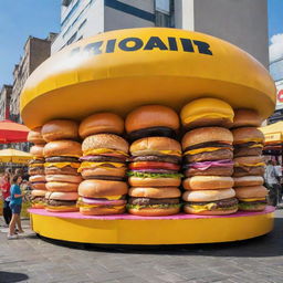 A vibrant, hilarious food festival stand covered in absurdly large burgers, primarily colored in contrasting shades of yellow and black, absolutely no red.