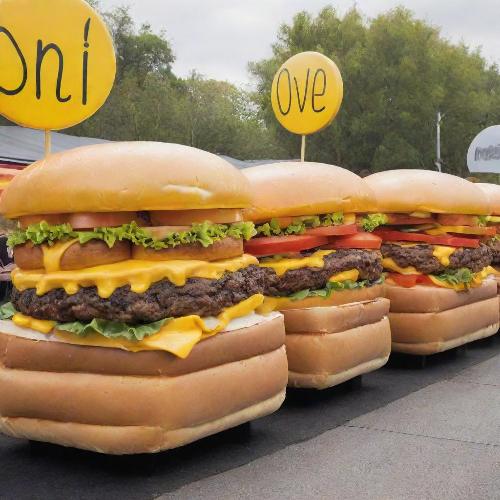 A vibrant, hilarious food festival stand covered in absurdly large burgers, primarily colored in contrasting shades of yellow and black, absolutely no red.