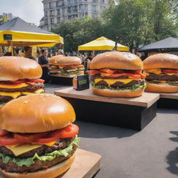 A vibrant, hilarious food festival stand covered in absurdly large burgers, primarily colored in contrasting shades of yellow and black, absolutely no red.