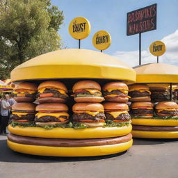 A vibrant, hilarious food festival stand covered in absurdly large burgers, primarily colored in contrasting shades of yellow and black, absolutely no red.