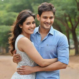 Mahesh Babu, in casual clothes, smiling and giving a shoulder ride to a lady in a cheerful atmosphere. They are outside on a sunny day.