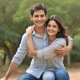 Mahesh Babu, in casual clothes, smiling and giving a shoulder ride to a lady in a cheerful atmosphere. They are outside on a sunny day.