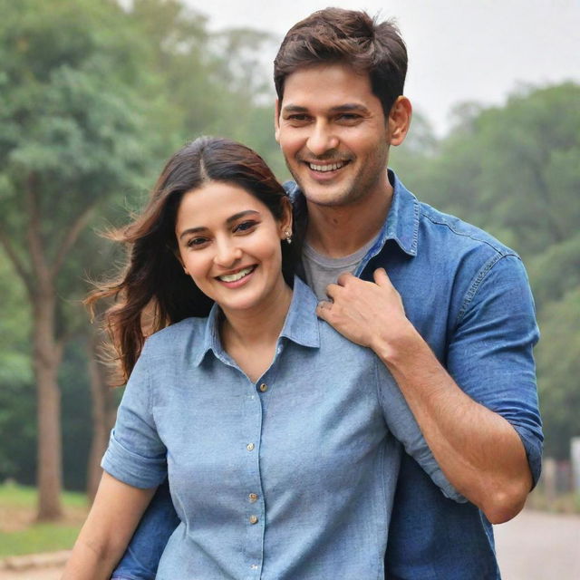 Mahesh Babu, in casual clothes, smiling and giving a shoulder ride to a lady in a cheerful atmosphere. They are outside on a sunny day.