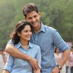 Mahesh Babu, in casual clothes, smiling and giving a shoulder ride to a lady in a cheerful atmosphere. They are outside on a sunny day.