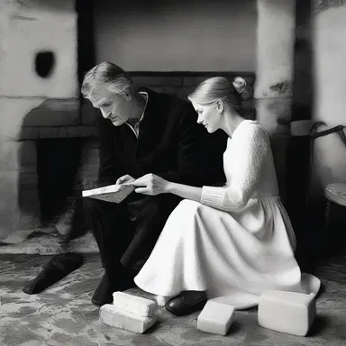 In a tender moment, the couple sat together near the fireplace, and the man lovingly started to grate a block of cheese for their meal.