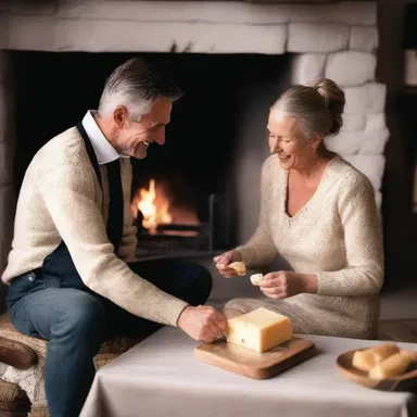 In a tender moment, the couple sat together near the fireplace, and the man lovingly started to grate a block of cheese for their meal.
