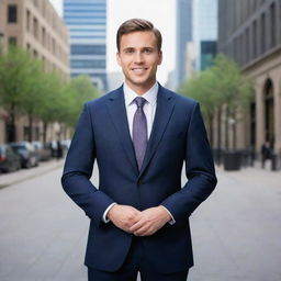 Transform a regular portrait into a business-themed image, by editing the background into a professional setting and altering the attire to formal business clothing