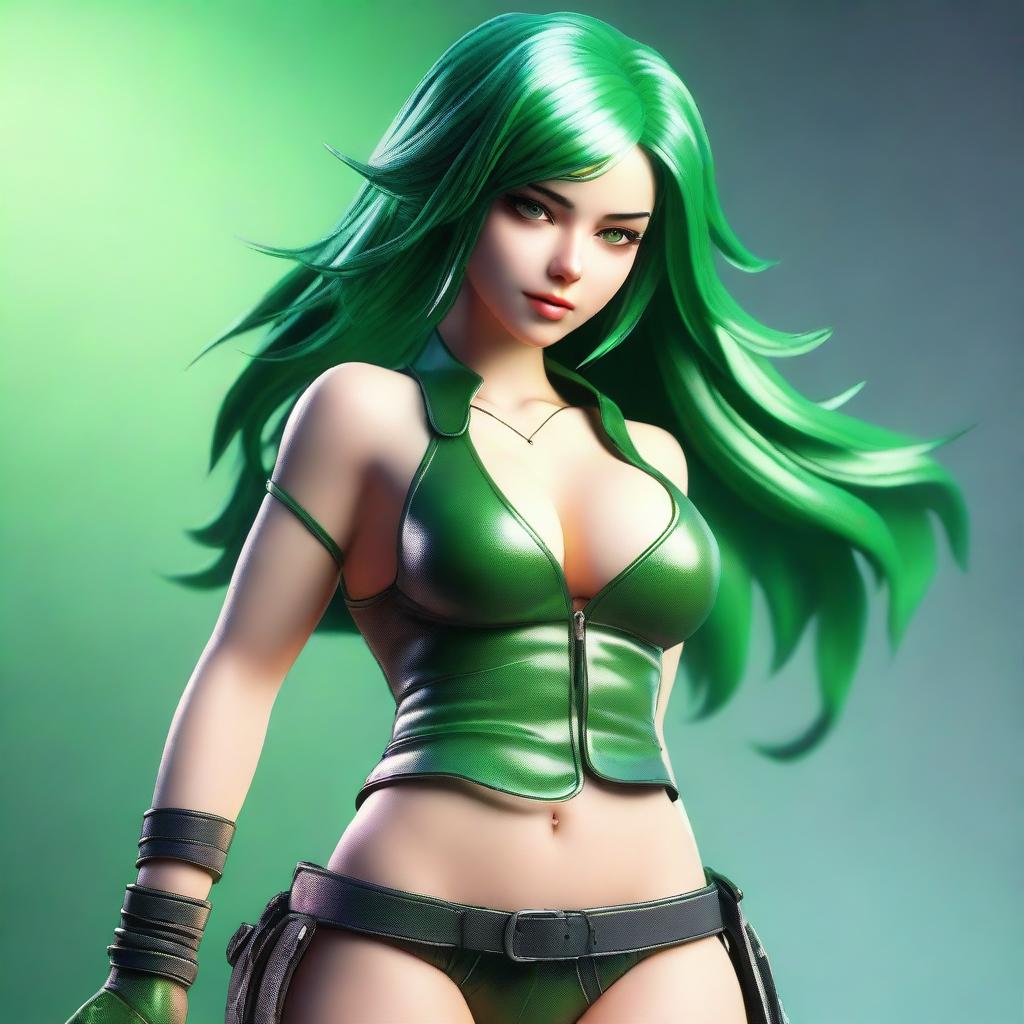 A high-quality 3D render of a seductive game character with striking green hair