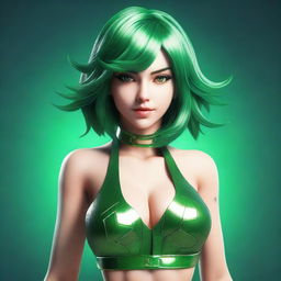 A high-quality 3D render of a seductive game character with striking green hair