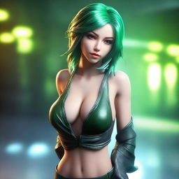 A high-quality 3D render of a seductive game character with striking green hair