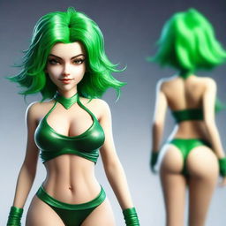 A high-quality 3D render of a seductive game character with striking green hair