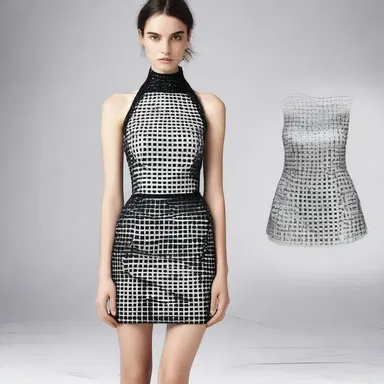 The designer dress features a unique grate pattern on the bodice, giving it an edgy look.