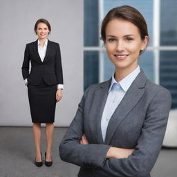 Transform a regular portrait into a business-themed image, by editing the background into a professional setting and altering the attire to formal business clothing