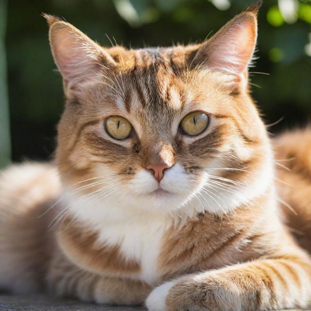 A contented and cheerful feline basking in a sunny spot with sparkling eyes and a purring expression