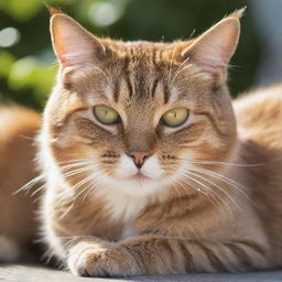 A contented and cheerful feline basking in a sunny spot with sparkling eyes and a purring expression