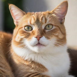 A contented and cheerful feline basking in a sunny spot with sparkling eyes and a purring expression