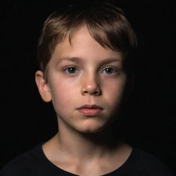 A young boy emerging from a dark black background, illuminated by a soft mystic light, maintaining the focus on his innocent expression.