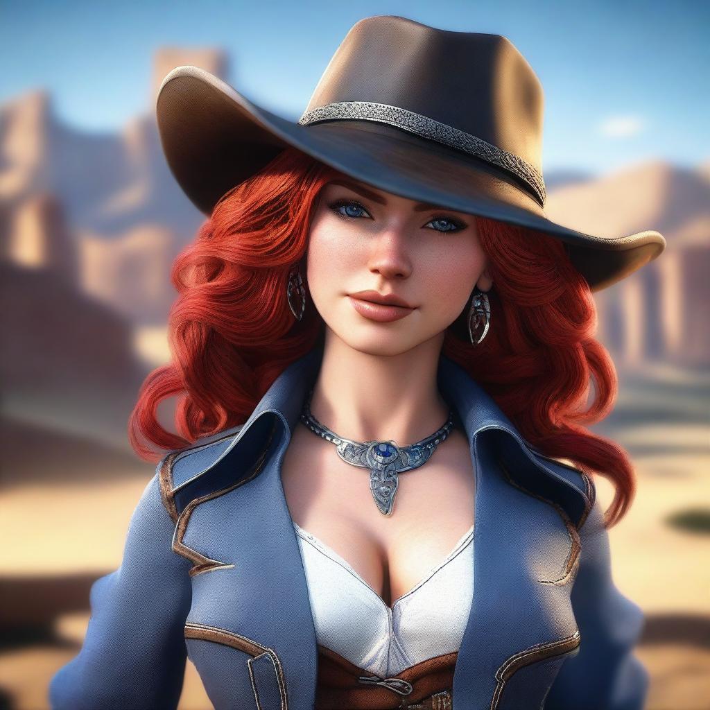 This is a high-quality 3D render of a sexy cowgirl with fiery red hair and piercing blue eyes