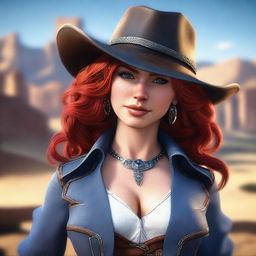 This is a high-quality 3D render of a sexy cowgirl with fiery red hair and piercing blue eyes