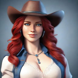 This is a high-quality 3D render of a sexy cowgirl with fiery red hair and piercing blue eyes