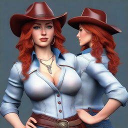 This is a high-quality 3D render of a sexy cowgirl with fiery red hair and piercing blue eyes