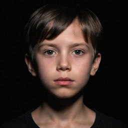 A young boy emerging from a dark black background, illuminated by a soft mystic light, maintaining the focus on his innocent expression.