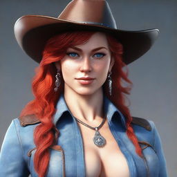This is a high-quality 3D render of a sexy cowgirl with fiery red hair and piercing blue eyes
