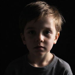 A young boy emerging from a dark black background, illuminated by a soft mystic light, maintaining the focus on his innocent expression.