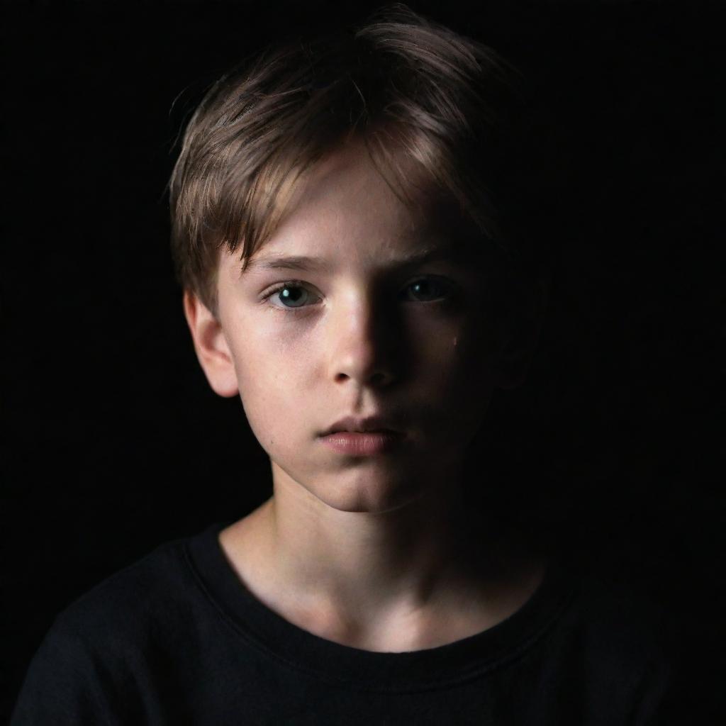 A young boy emerging from a dark black background, illuminated by a soft mystic light, maintaining the focus on his innocent expression.