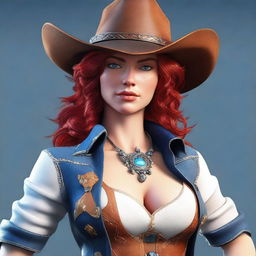 A high-resolution 3D render showcasing a sexy cowgirl with vibrant red hair and captivating blue eyes