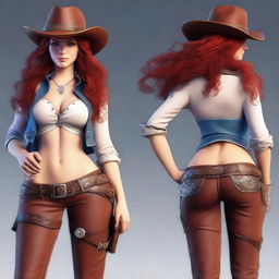 A high-resolution 3D render showcasing a sexy cowgirl with vibrant red hair and captivating blue eyes