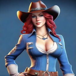 A high-resolution 3D render showcasing a sexy cowgirl with vibrant red hair and captivating blue eyes