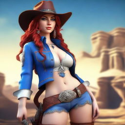A high-resolution 3D render showcasing a sexy cowgirl with vibrant red hair and captivating blue eyes