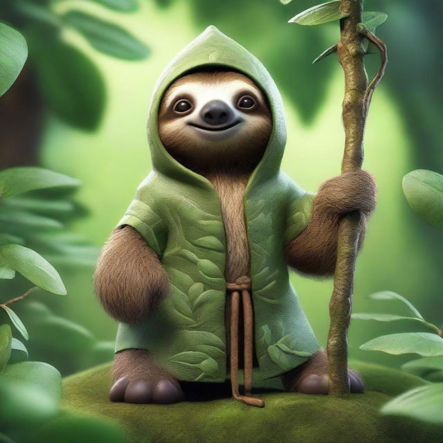 A high-quality 3D render of a unique nature mage character that takes the form of a sloth