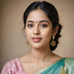 Portrait of Janhvi Kapoor, an Indian actress, elegantly dressed in traditional Indian attire, with a soft smile on her face.