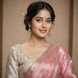 Portrait of Janhvi Kapoor, an Indian actress, elegantly dressed in traditional Indian attire, with a soft smile on her face.