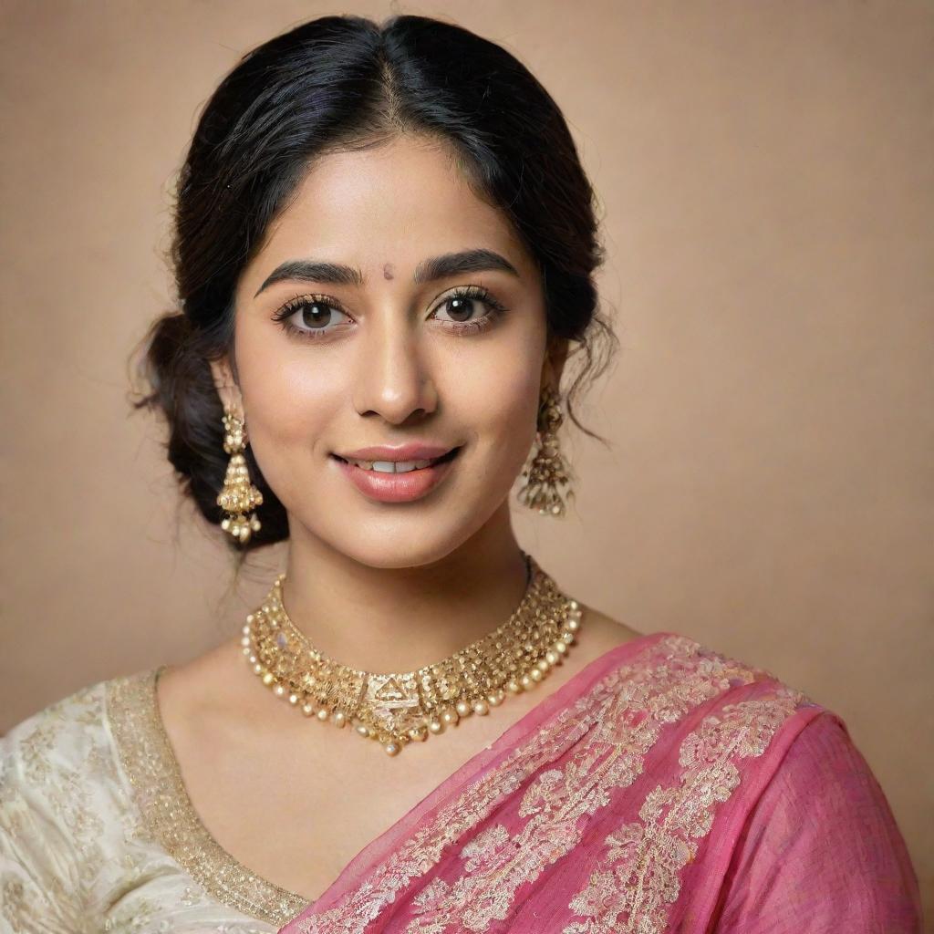 Portrait of Janhvi Kapoor, an Indian actress, elegantly dressed in traditional Indian attire, with a soft smile on her face.