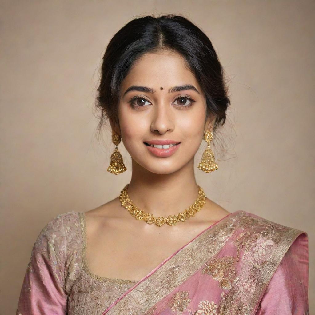 Portrait of Janhvi Kapoor, an Indian actress, elegantly dressed in traditional Indian attire, with a soft smile on her face.