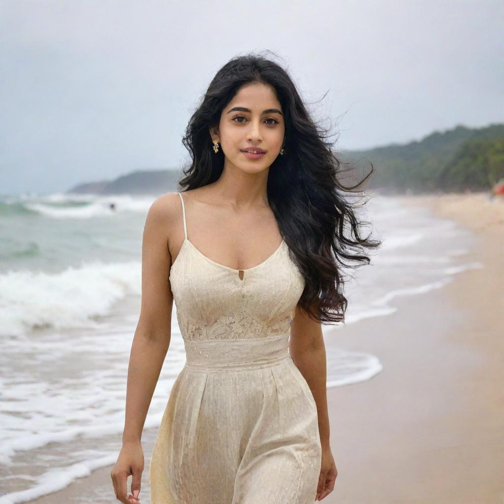 Janhvi Kapoor, an Indian actress, walking along a scenic beach with gentle waves in the background, the wind in her hair and the sand beneath her feet.