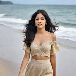 Janhvi Kapoor, an Indian actress, walking along a scenic beach with gentle waves in the background, the wind in her hair and the sand beneath her feet.