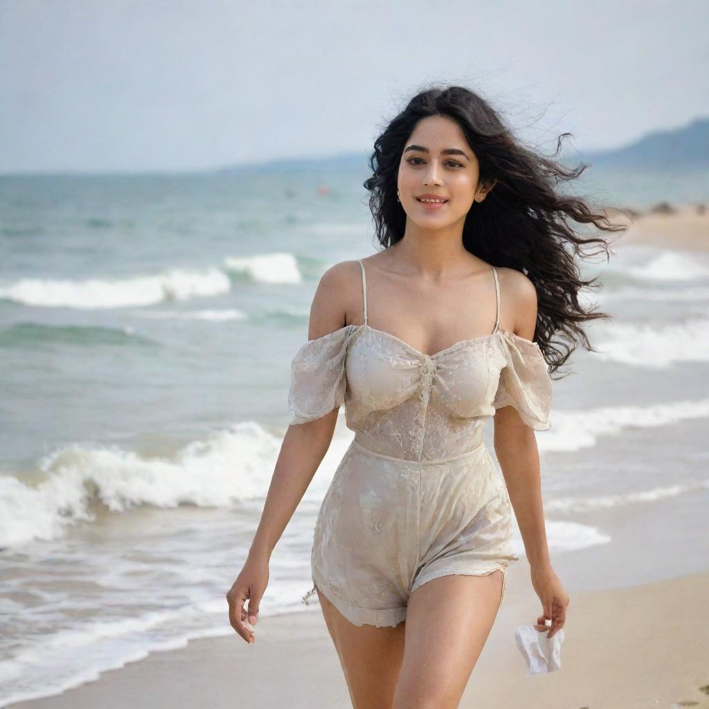 Janhvi Kapoor, an Indian actress, walking along a scenic beach with gentle waves in the background, the wind in her hair and the sand beneath her feet.