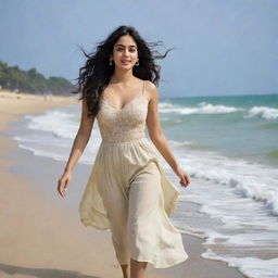 Janhvi Kapoor, an Indian actress, walking along a scenic beach with gentle waves in the background, the wind in her hair and the sand beneath her feet.