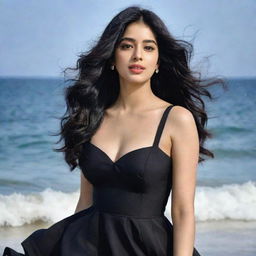 Janhvi Kapoor, an Indian actress, strolling on a beautiful beach in a fashionable black dress, her hair caressed by the sea breeze, set against a backdrop of gentle waves.