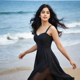 Janhvi Kapoor, an Indian actress, strolling on a beautiful beach in a fashionable black dress, her hair caressed by the sea breeze, set against a backdrop of gentle waves.