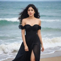 Janhvi Kapoor, an Indian actress, strolling on a beautiful beach in a fashionable black dress, her hair caressed by the sea breeze, set against a backdrop of gentle waves.